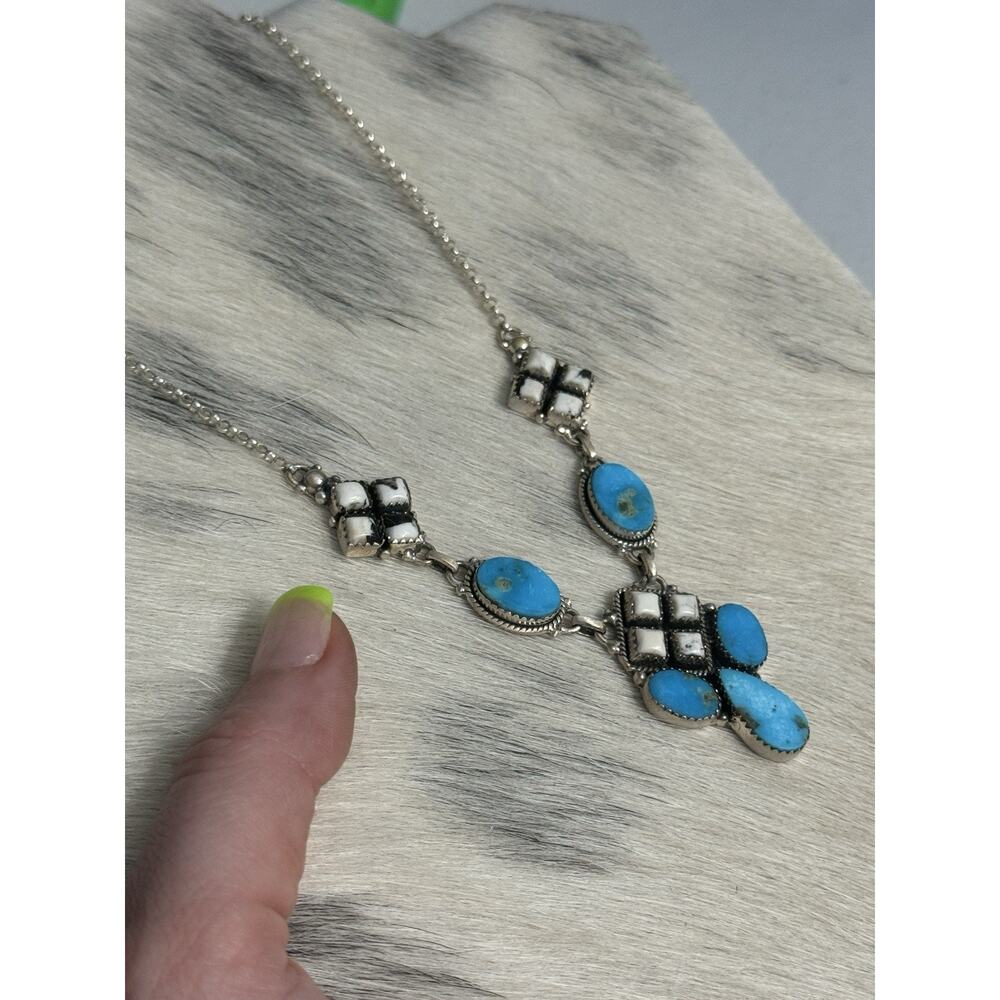 Sterling Silver Blue Kingman Turquoise White Buffalo Nugget Cluster Necklace 21” - Picture 8 of 16